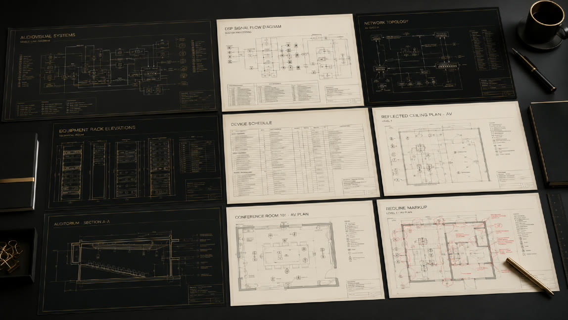 Set of AV engineering drawings including signal flow diagrams, rack elevations and reflected ceiling plans