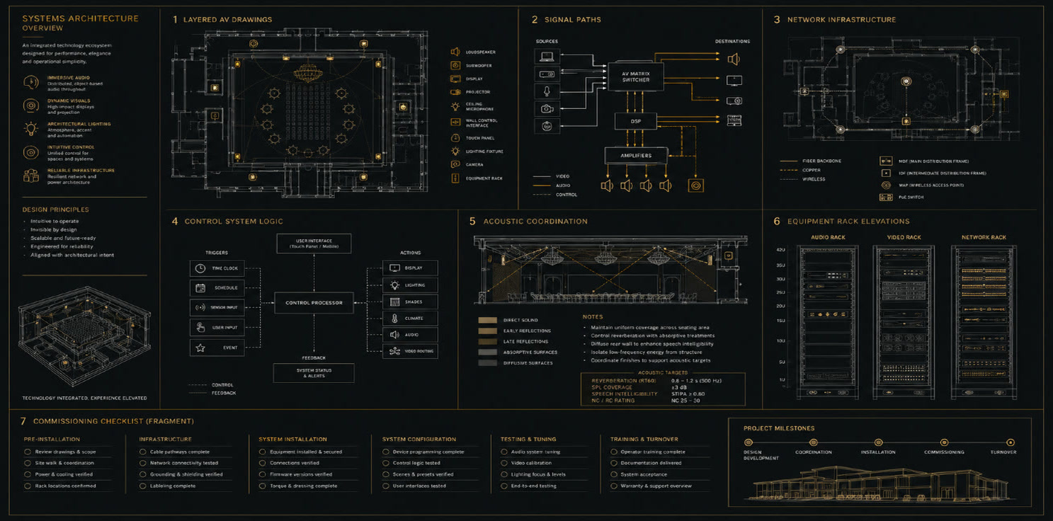 Systems architecture overview showing layered AV drawings, signal paths, network infrastructure, control logic, acoustic coordination and rack elevations