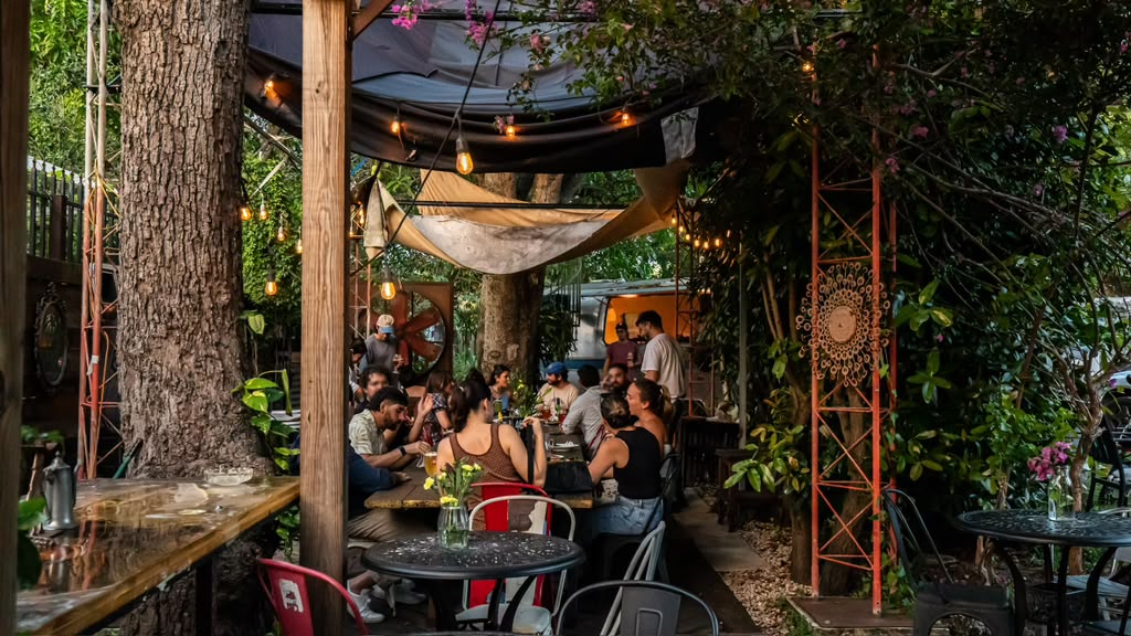 Outdoor garden event venue with string lights and guests seated under the trees